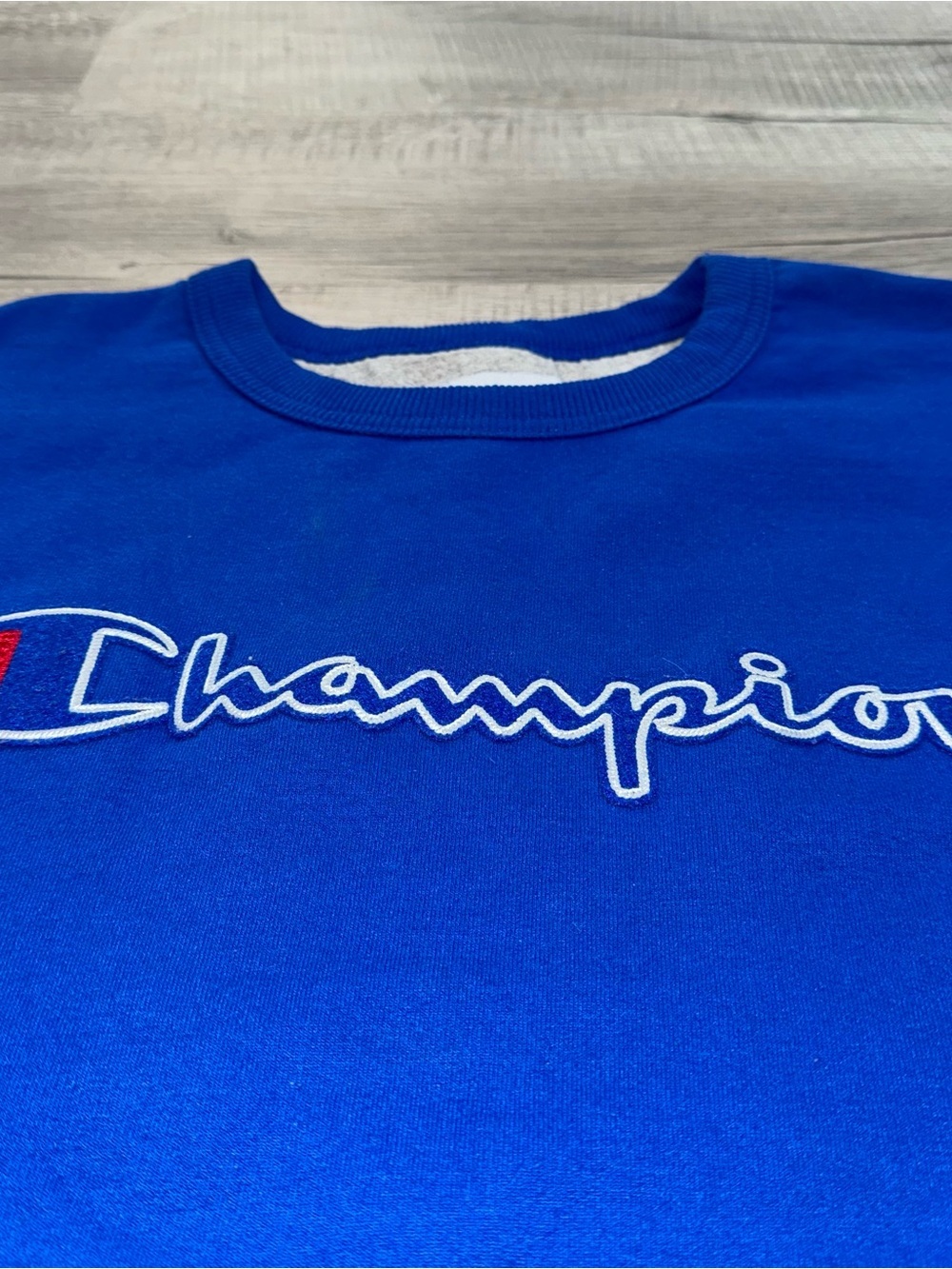 Champion Powerblend Fleece Crew Felt Script Logo Chainstitch GF88H Blue Sz XL - Picture 4 of 16